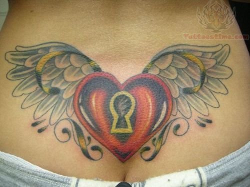 Winged Lock Heart Lower Back Tattoo